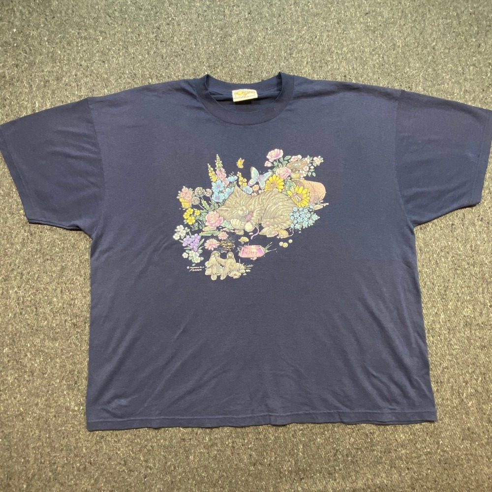 Morning‎ Sun T Shirt XL Womens Navy Blue Vintage Cat Floral Garden Graphic Tee